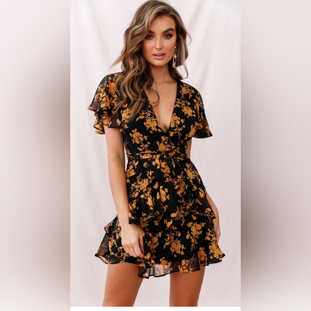 Hello Molly Floral Black and Gold Dress - Size S